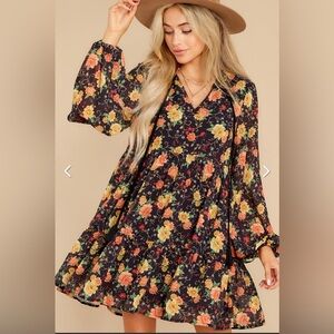 Flying Tomato Babydoll Cottagecore Floral Mini Dress Sz Small Black Orange Boho